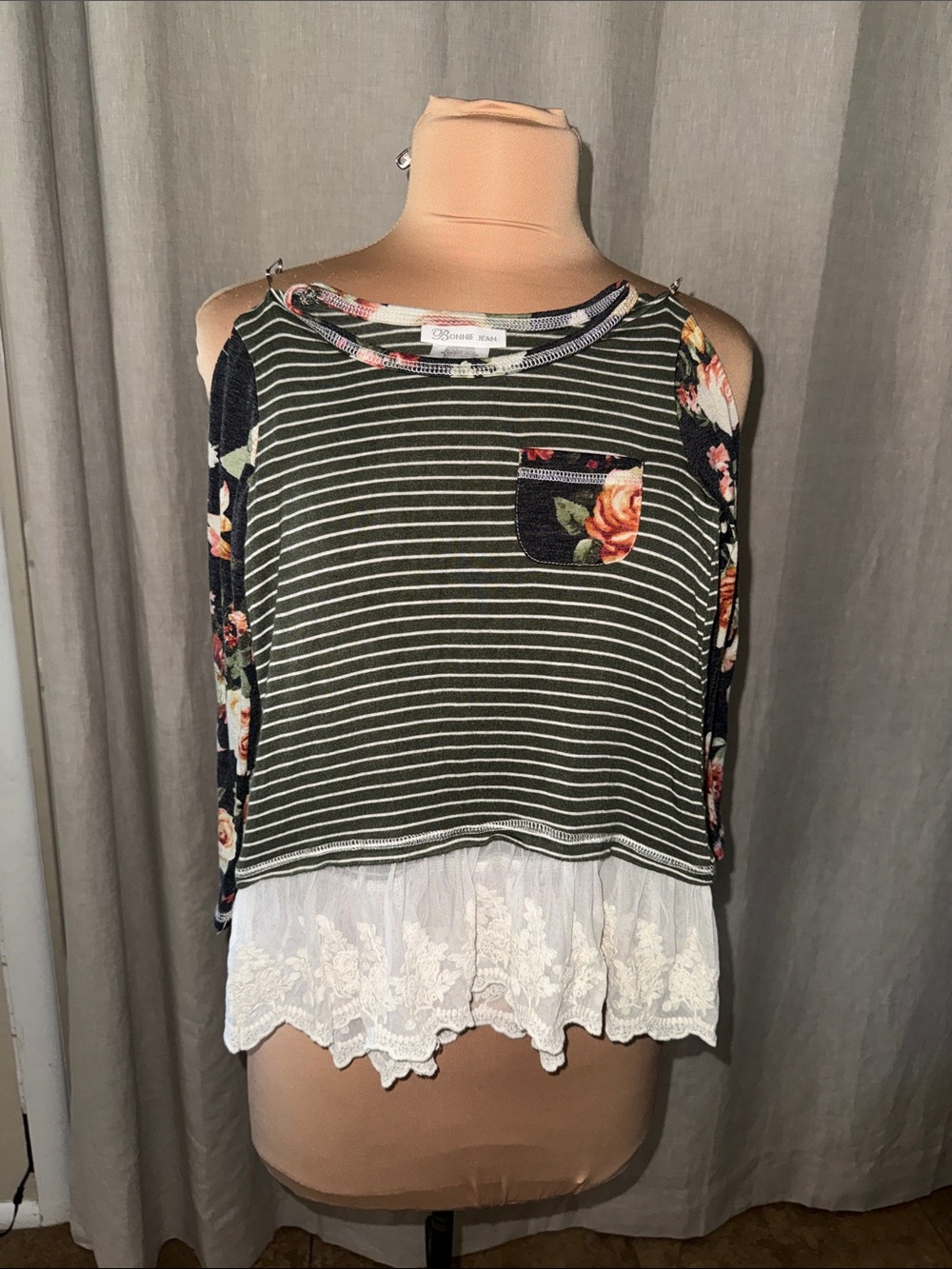 Bonnie Jean Olive Striped Cold-Shoulder Top with Floral Accents